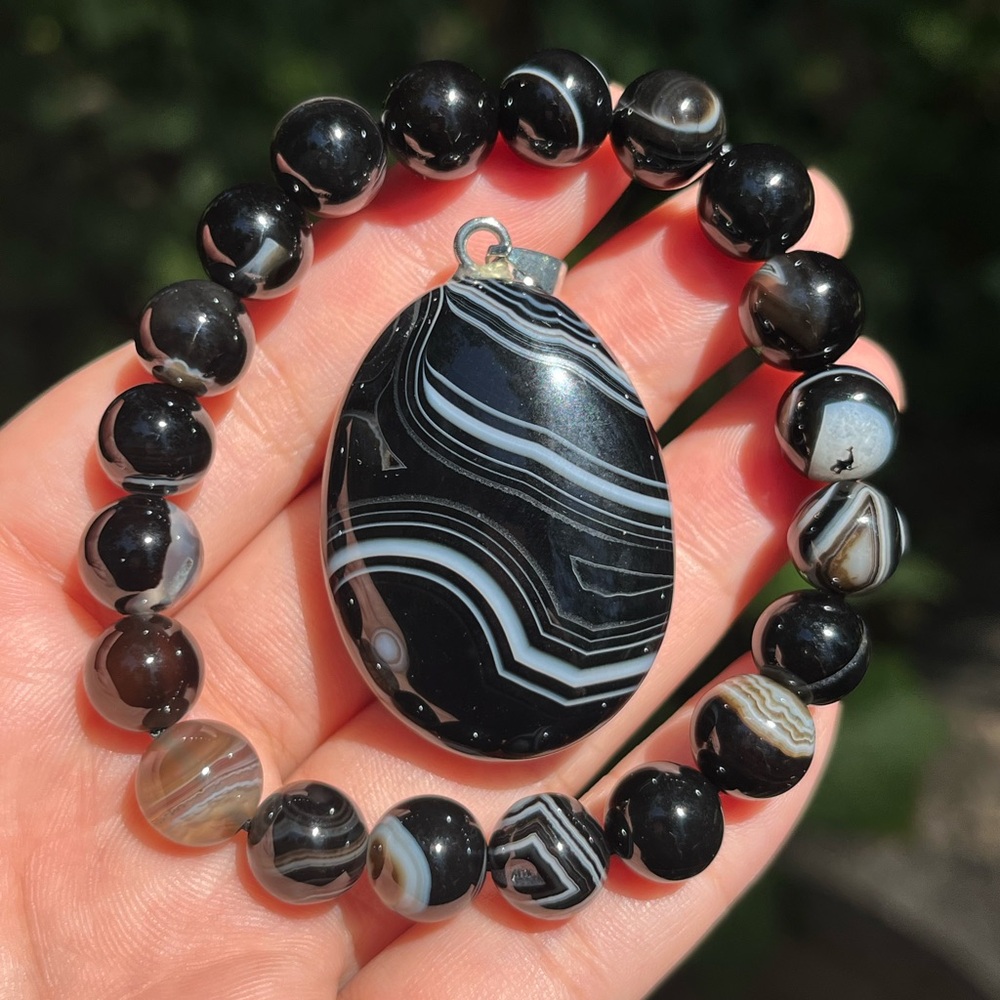 10mm black agate bracelet pendant‎ set